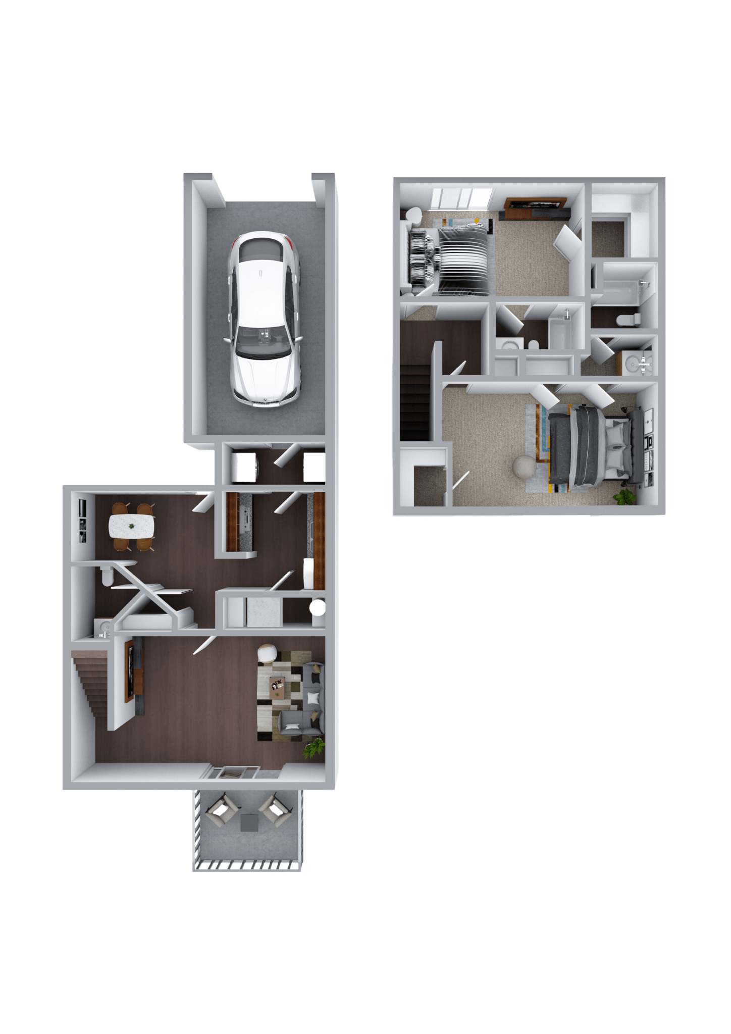 a floor plan of a two story apartment with a garage and a car in the garage